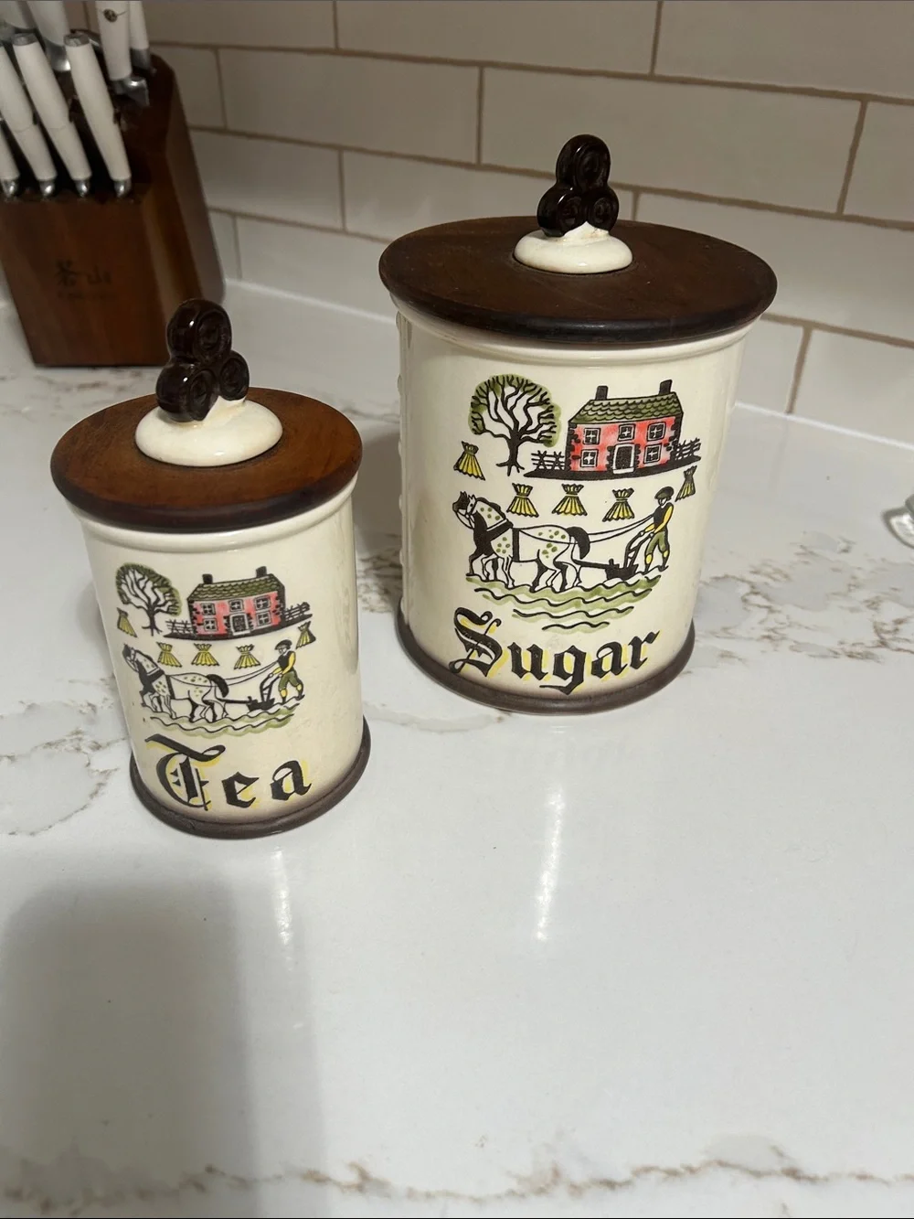 Vintage Metlox Poppytrail Cream Ceramic Tea & Sugar Canister Set with Brown Lids